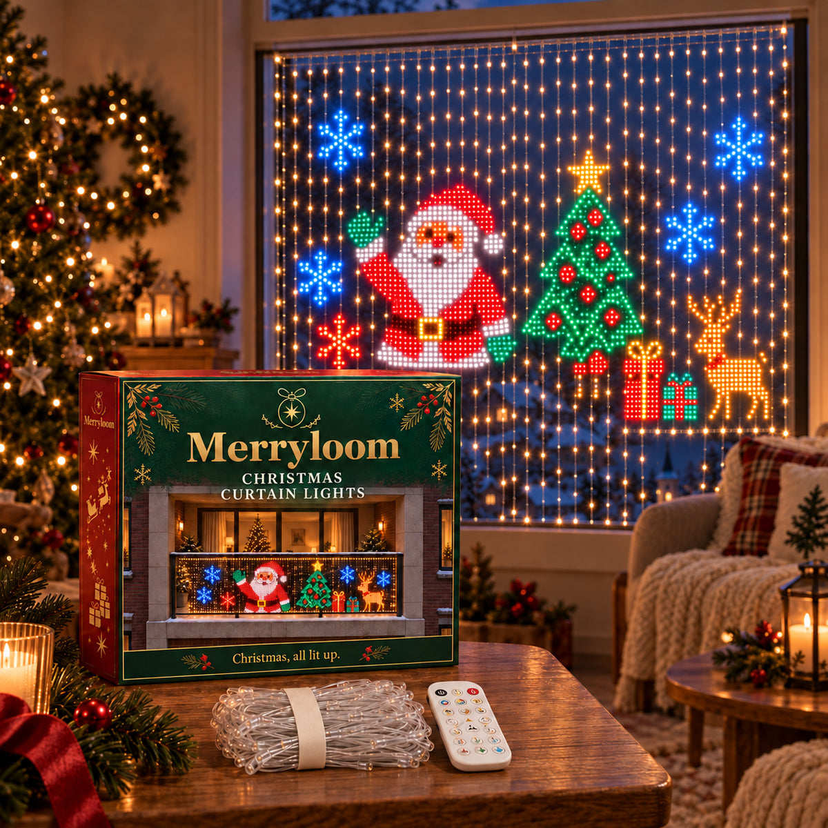 Merryloom Christmas pixel curtain lights covering a full window, with the branded box, white lights and remote.