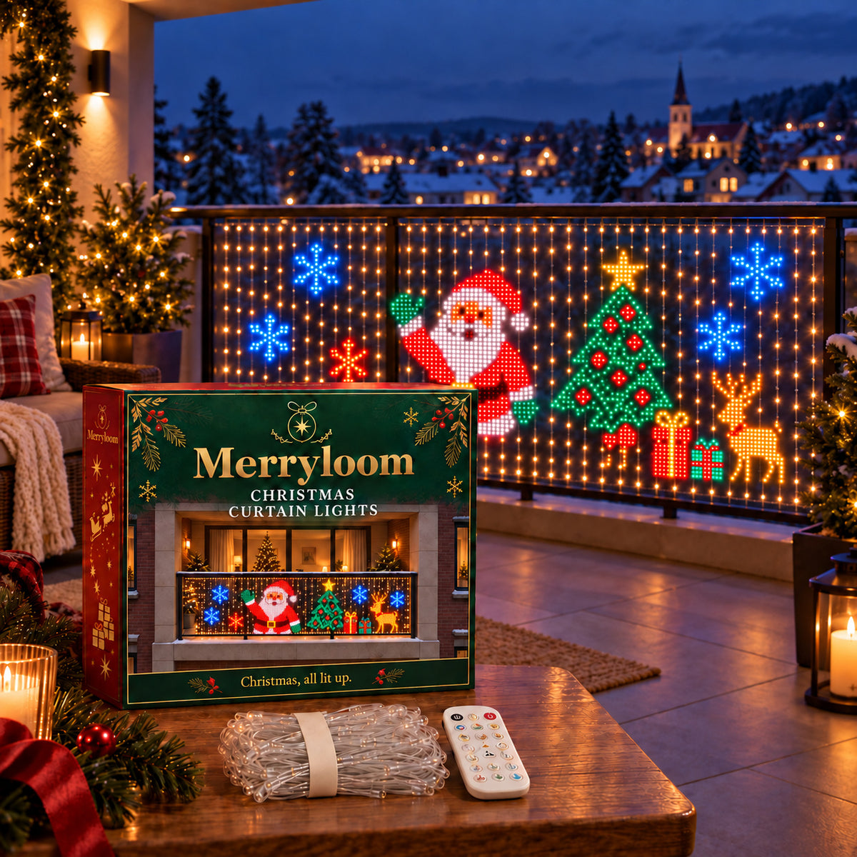 Merryloom Christmas curtain lights on a balcony, with Santa, a tree and reindeer pixel art, the branded box, folded lights and remote.