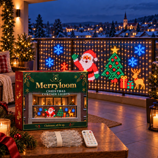Merryloom Christmas curtain lights on a balcony, with Santa, a tree and reindeer pixel art, the branded box, folded lights and remote.
