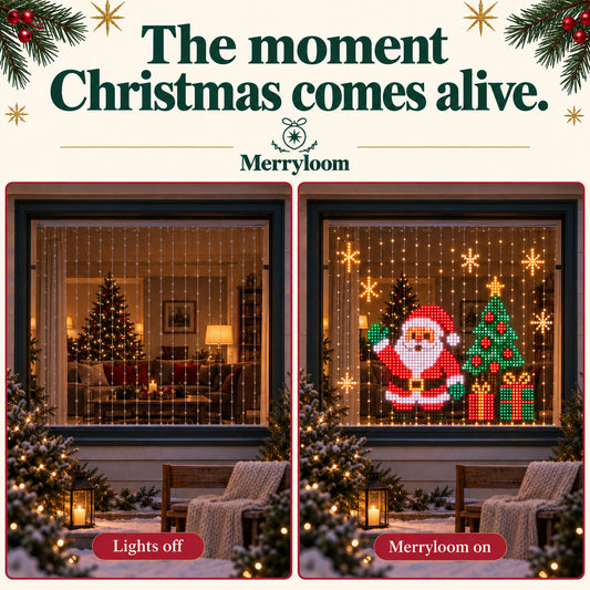 Before and after: a plain window becomes a colourful Christmas display with Merryloom pixel curtain lights.