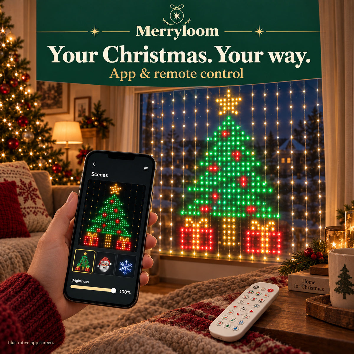 Phone app and white remote control for Merryloom Christmas curtain lights, shown beside a decorated window.