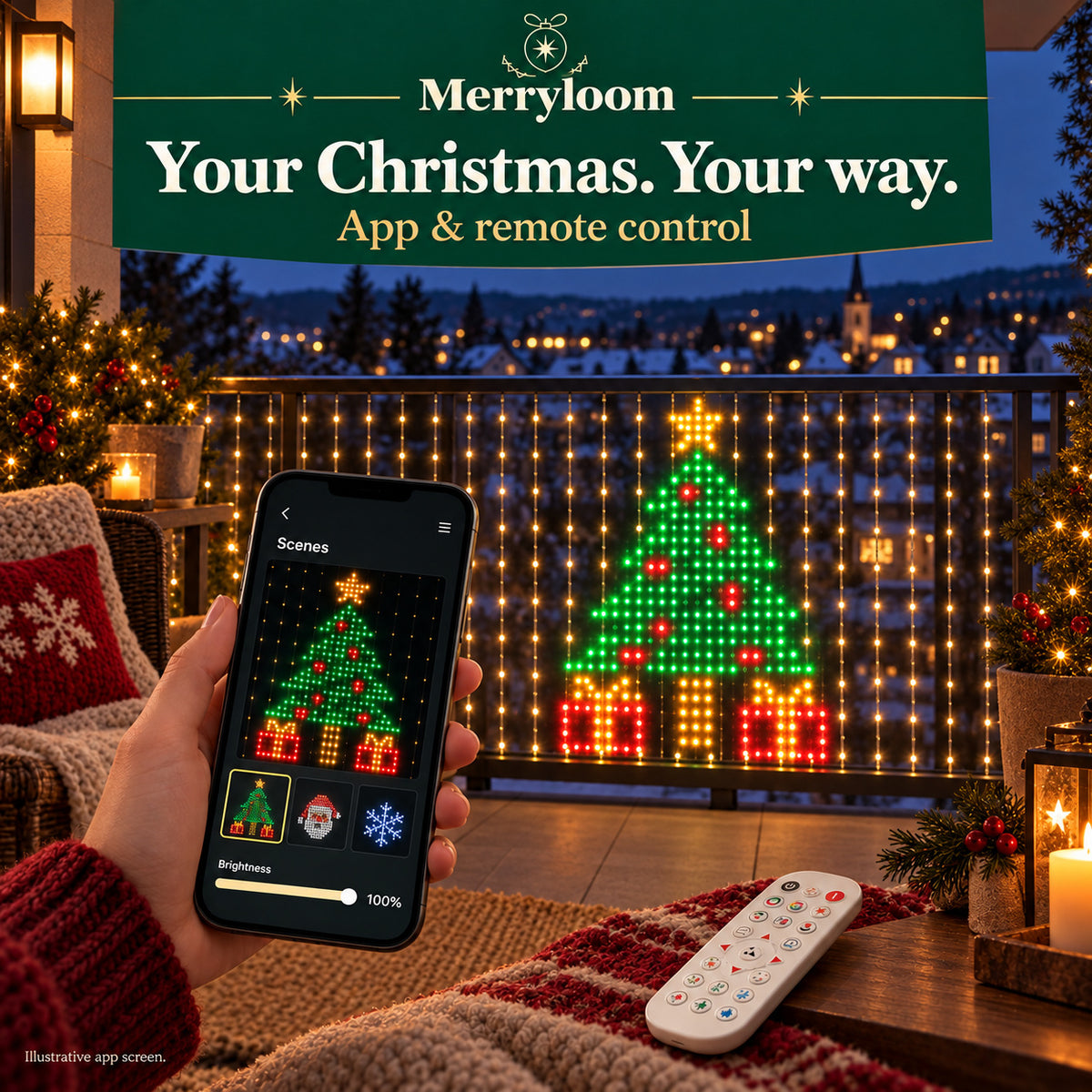 Merryloom curtain lights controlled by a phone app and white remote, with a Christmas tree pixel design across a balcony.