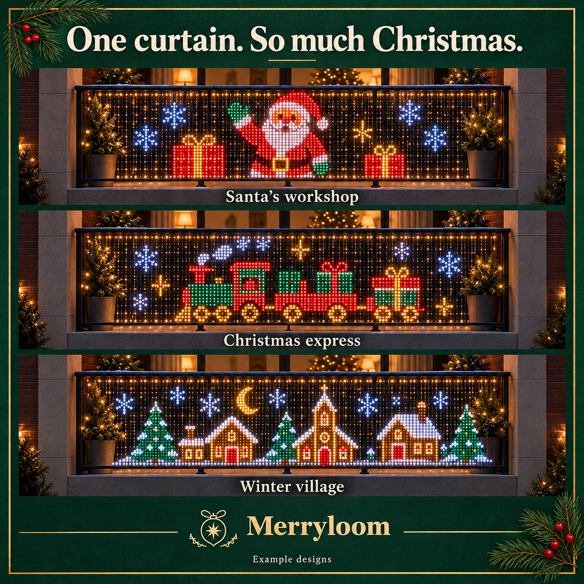 A selection of colourful Christmas pixel designs for Merryloom curtain lights.