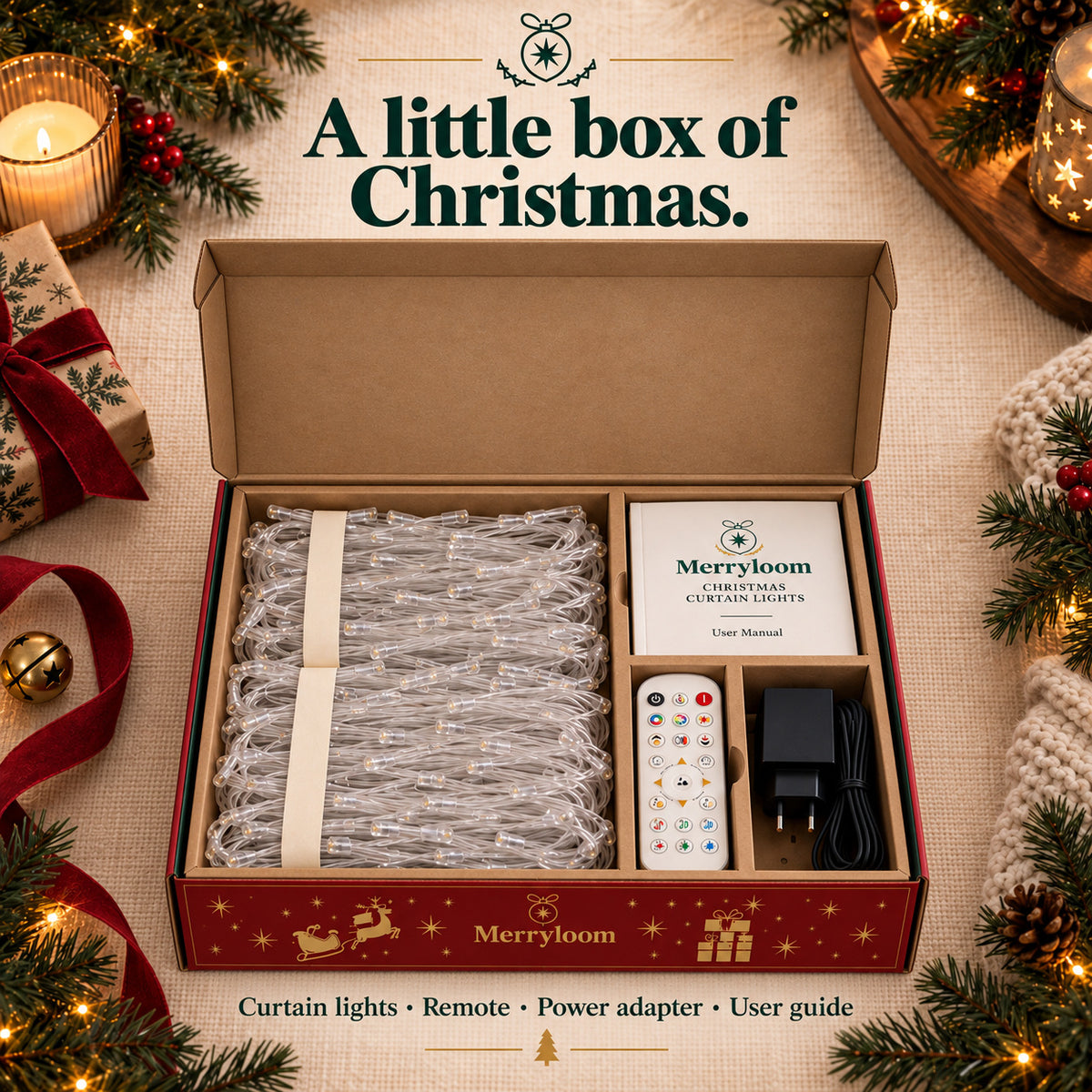 Open Merryloom box with neatly arranged white curtain lights, power adapter, white remote control and branded instruction manual.