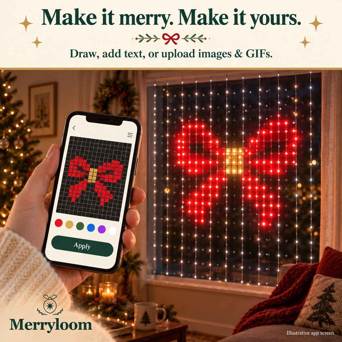 Merryloom app features for creating personalised pixel designs, text and images on the curtain lights.