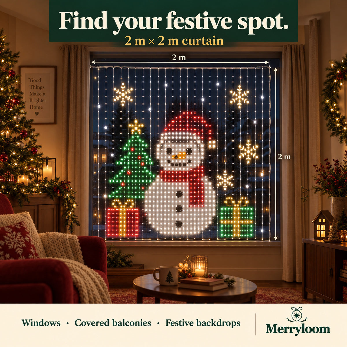 Merryloom curtain lights measuring 2 metres by 2 metres, with placement ideas for windows and balconies.